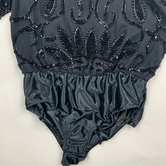 Vintage A.J. Bari Black Silk Beaded Bodysuit Top Sz 8 - Picture 6 of 9